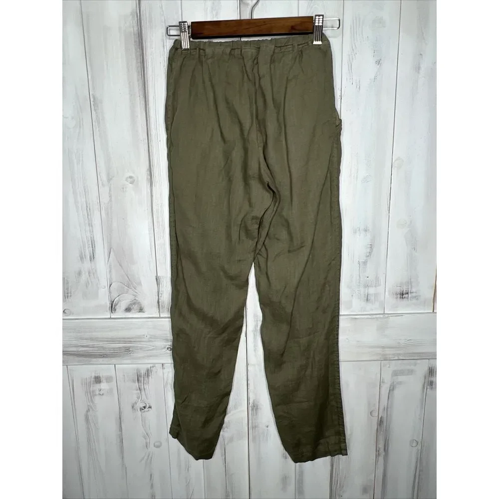 WOMENS CP SHADES GREEN 100% LINEN DRAWSTRING STRAIGHT LEG POCKETS BEACH PANTS XS